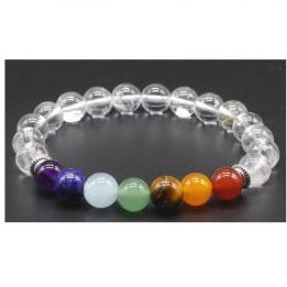 Pulsera 8mm 7 Chakras, Cristal de Roca
